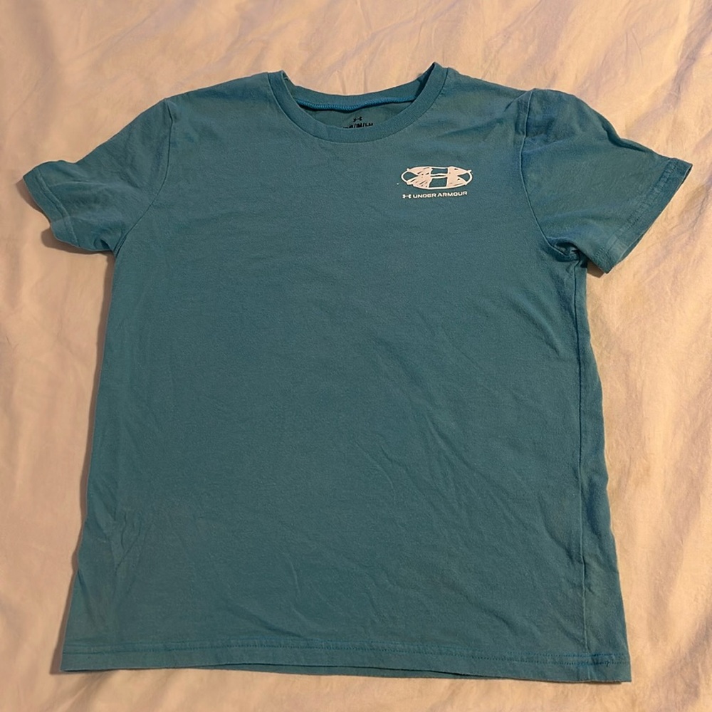 Under Armour blue with logos boys size YM short sleeve t-shirt
